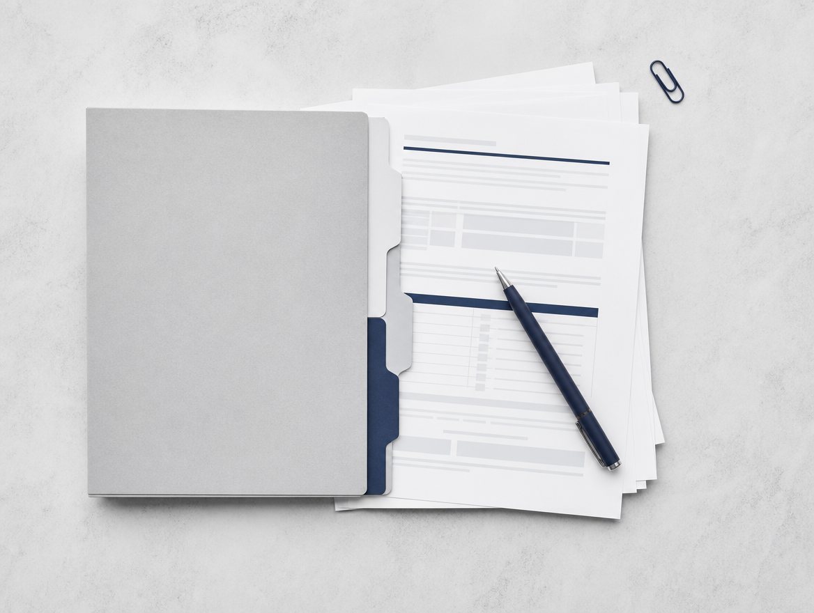 Ordentlich sortierte Steuerunterlagen in einer hellgrauen Mappe mit Registerreitern, dazu ein Kugelschreiber und eine Büroklammer – aufgeräumte, minimalistische Aufnahme.