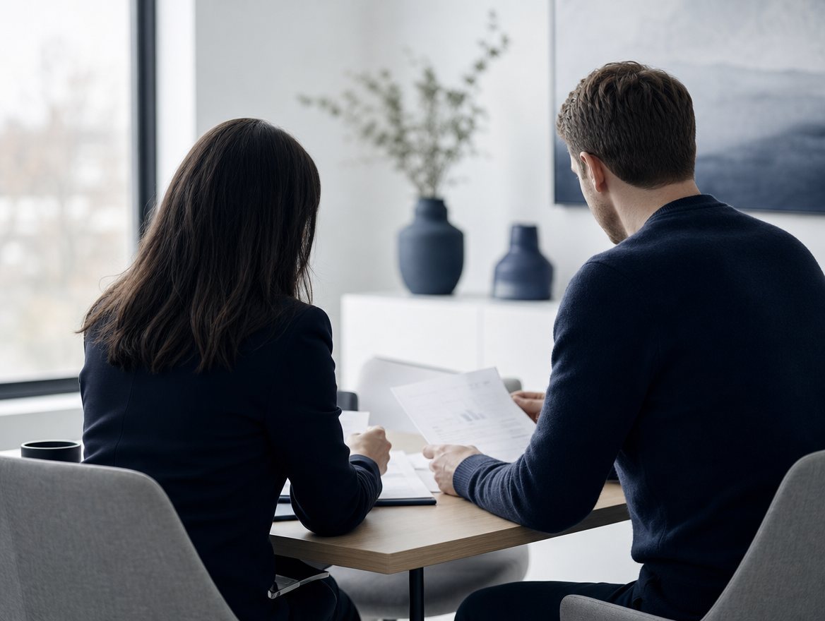 Zwei Personen sitzen einander an einem Tisch gegenüber und besprechen gemeinsam Steuerunterlagen – ruhige, vertrauensvolle Beratungsatmosphäre, von hinten fotografiert.
